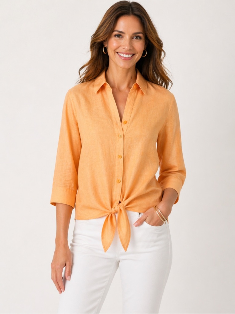 Chico’s No-Iron Orange Tie Front Linen Blend Button Up Blouse Size 12/14